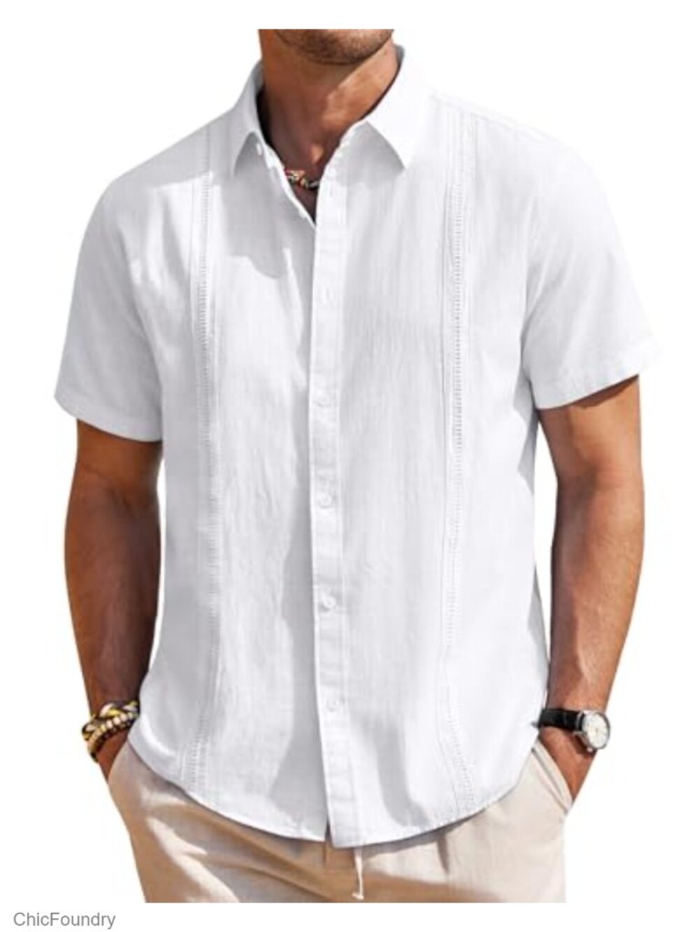 Men's Linen Textured 100% Cotton Cuban Guayabera Button Down Shirt
